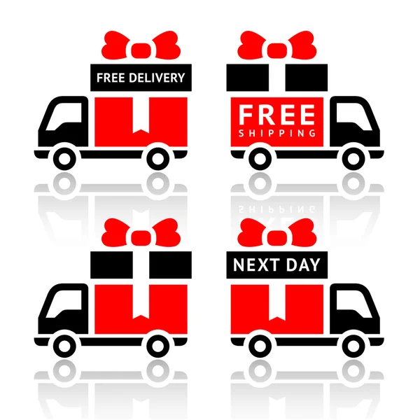 Set van vrachtwagen rode pictogrammen - gratis levering — Stockvector