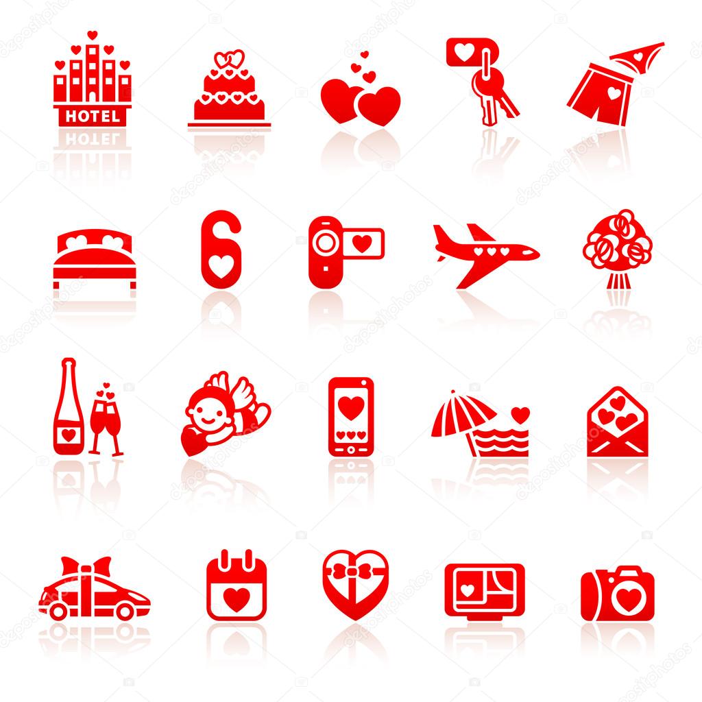 Set valentine's day red icons, romantic travel symbols