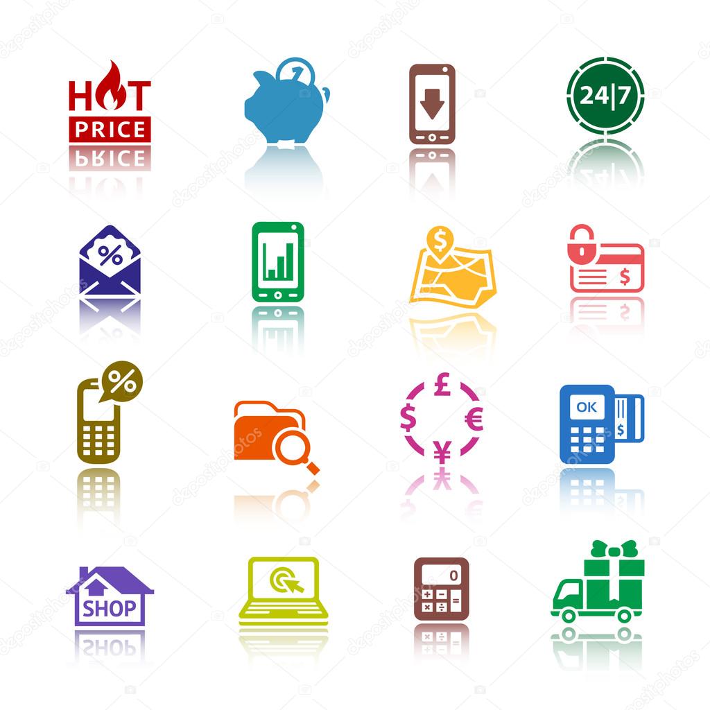 Set pictograms Shopping Icons. Color with reflection