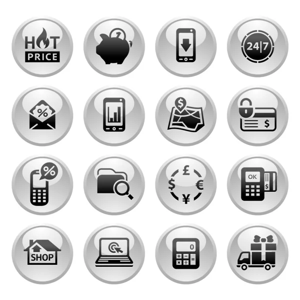 Iconos de compras, botones redondos grises nuevo — Vector de stock