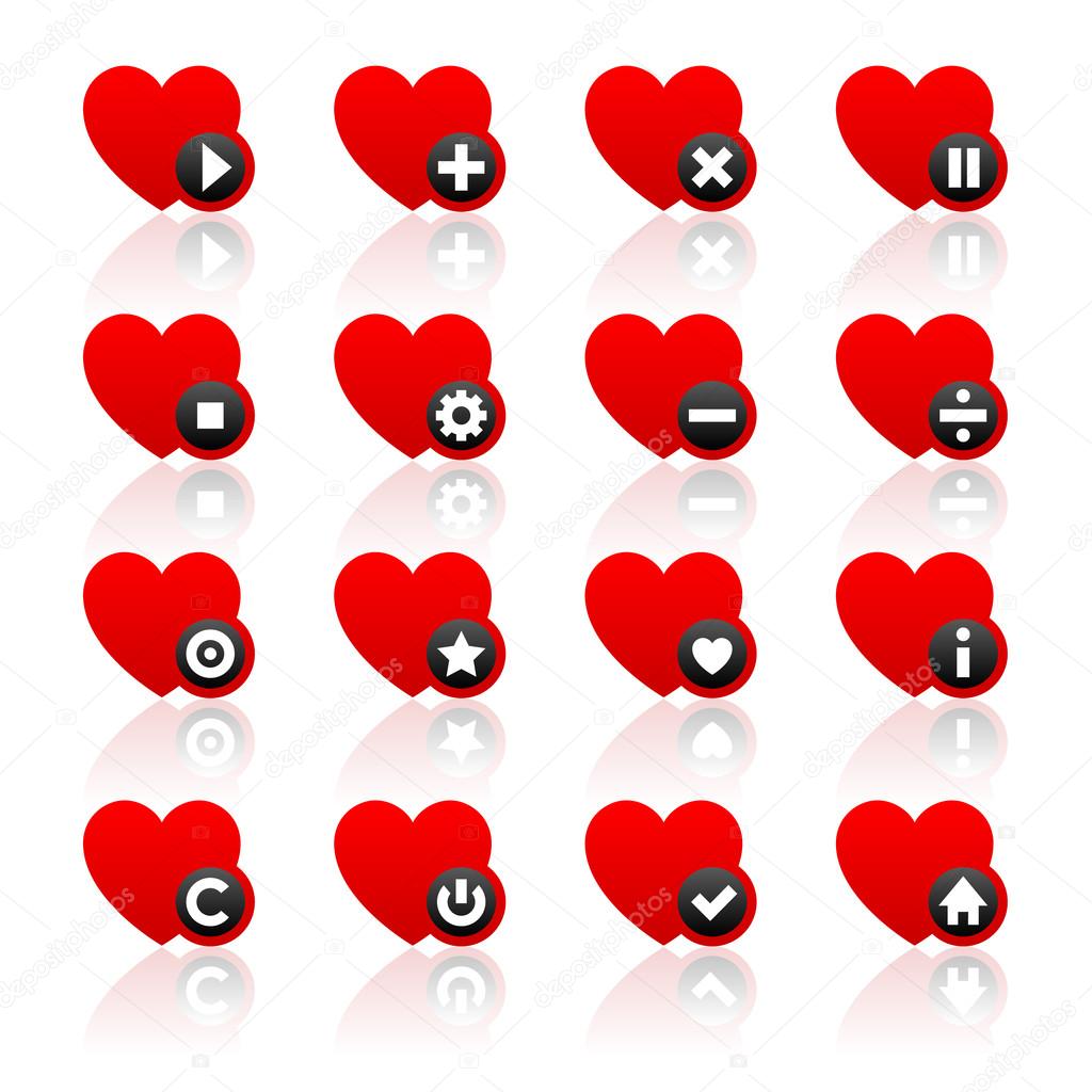 Icons set - red hearts and black buttons