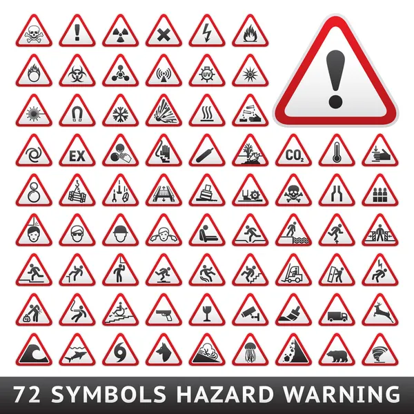 Triangular Warning Hazard Symbols. Big red set — Stock Vector