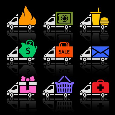 Delivery truck colored icons on a black background clipart