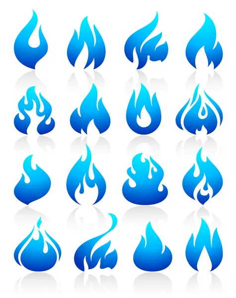 Fuego llamas azul, establecer iconos — Vector de stock