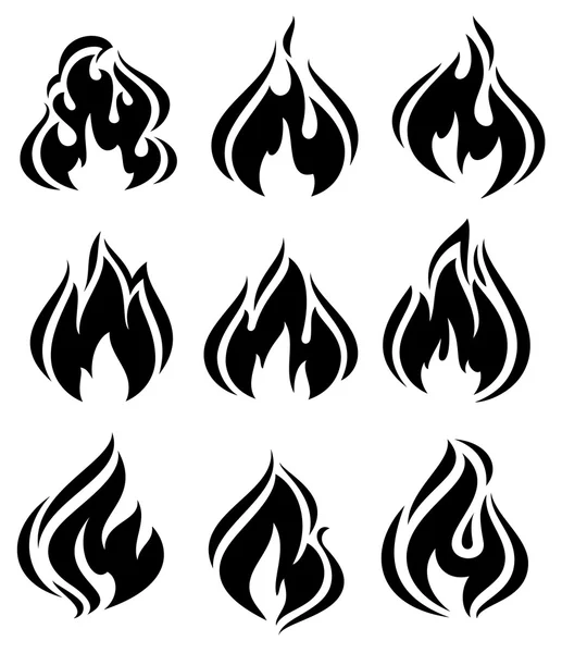Tűz lángok, fekete ikonok — Stock Vector