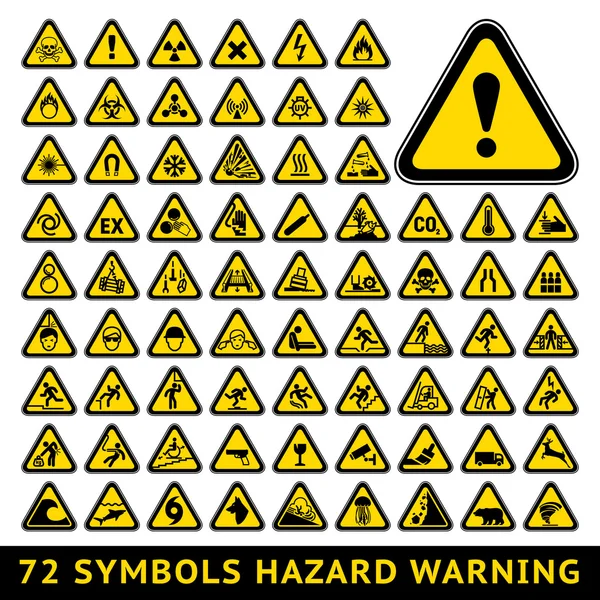 Triangular Warning Hazard Symbols. Big yellow set — Stock Vector