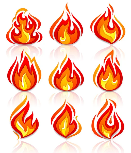 Fire flames new set, with reflection — Stock Vector