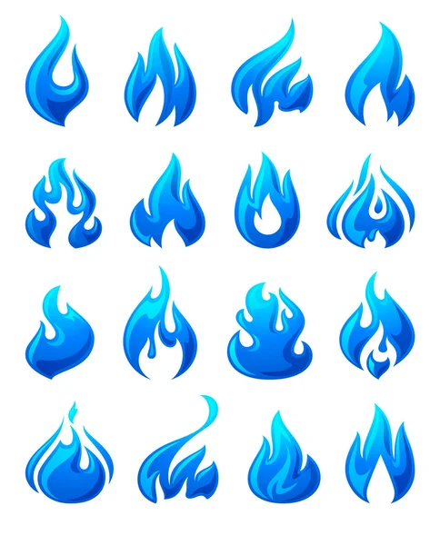 Vuurvlammen, set 3d blauwe pictogrammen — Stockvector