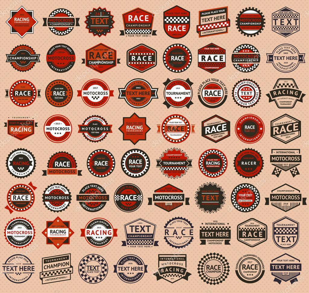 Racing badges - vintage style, big set, vector illustration