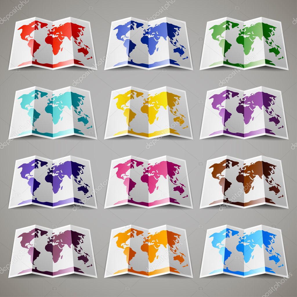 Set of twelve colored maps of the World