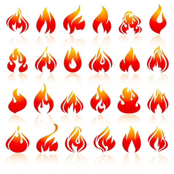 Llamas de fuego, establecer iconos de color naranja con reflejo — Vector de stock