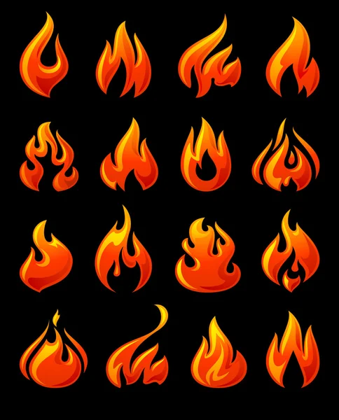 Tűz lángok, állítsa 3D piros ikonok egy fekete földön — Stock Vector