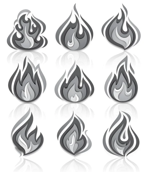 Fire flames set, with reflection — Stock Vector