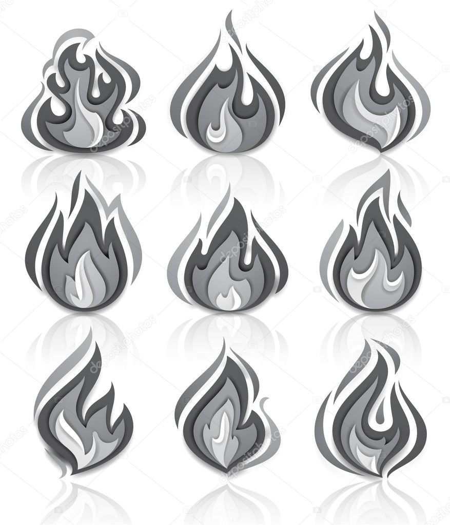 Fire flames set, with reflection