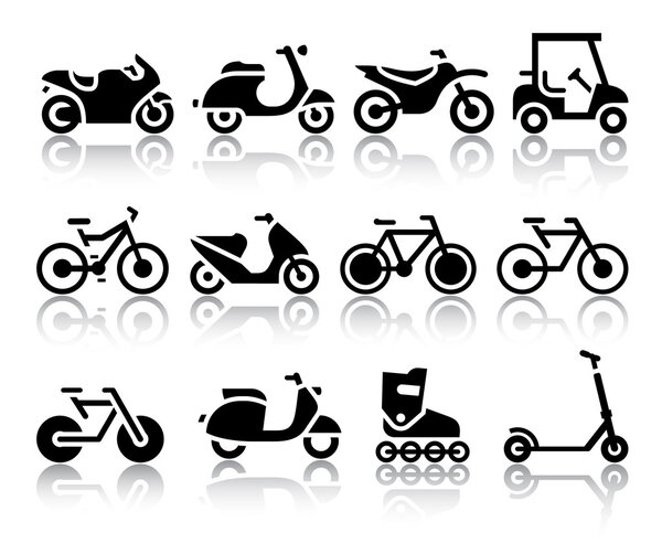 Motorcycles and bicycles set of black icons