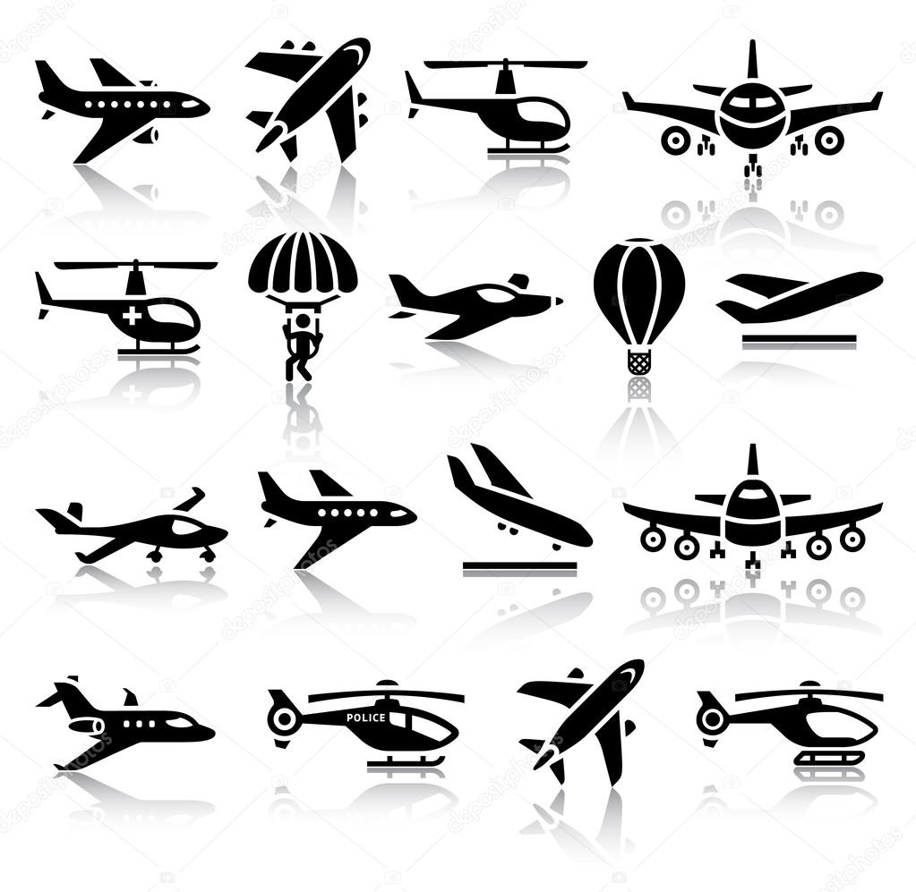 Set of aircrafts black icons