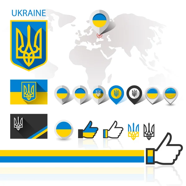 Drapeau, emblème Ukraine et carte du monde — Image vectorielle