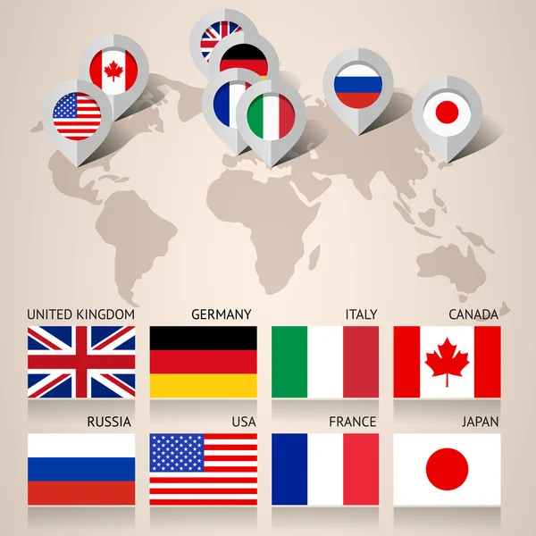 Conjunto de bandeiras G8 com mapa —  Vetores de Stock
