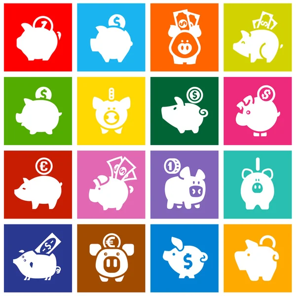 Piggy Bank, definir ícones brancos em quadrados coloridos —  Vetores de Stock