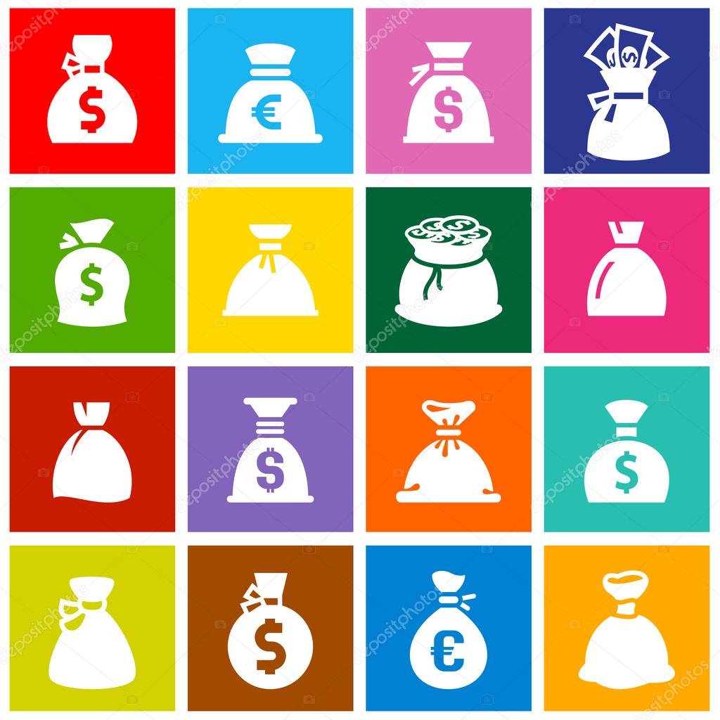 Money bags, set icons on colored squares