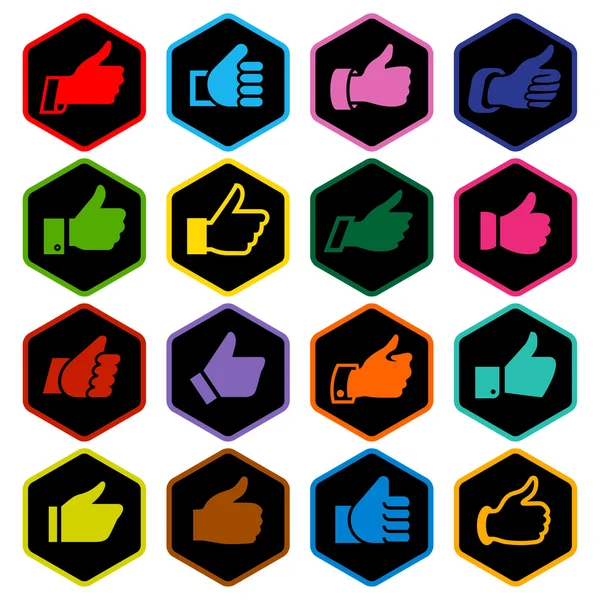 Like, set colored icons on rounded hexagon — Stock Vector