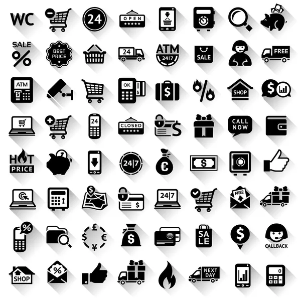 Conjunto de compras, iconos negros planos — Vector de stock