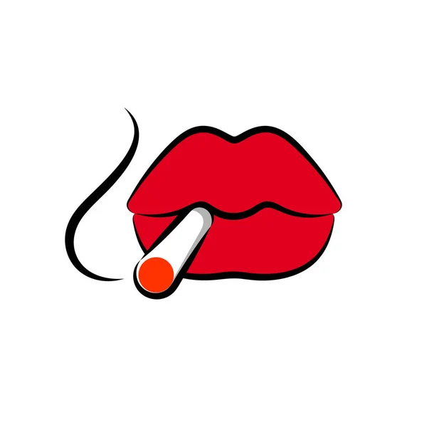 Labios Sexy Hembra Sosteniendo Cigarrillo Boca Rojo Ilustración Dibujada Estilo — Vector de stock