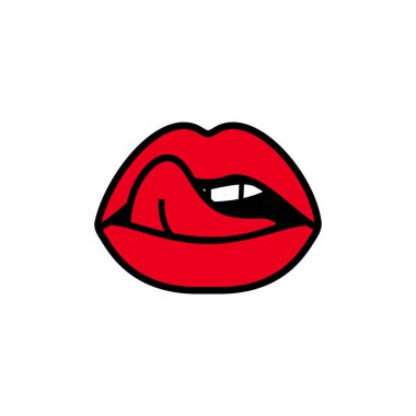 Seksi dudaklar yalayan bir kadın, dilli ve dişli güzel bir ağız, çizgi roman tarzında çizilmiş kırmızı bir resim.