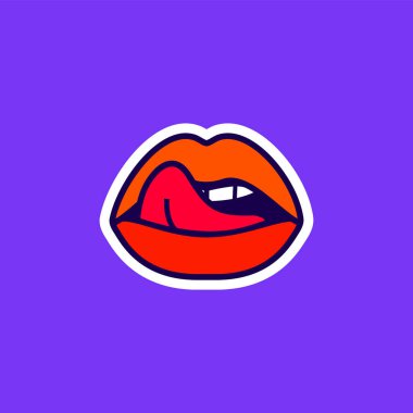 Seksi dudaklar yalayan bir kadın, dilli ve dişli güzel bir ağız, pop sanatının sticker 'ı.