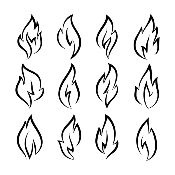 Fire Flames Set Icons Made Black Linear Style — Stock Vector