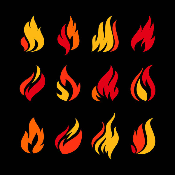 Fire flames set, multi colored icons