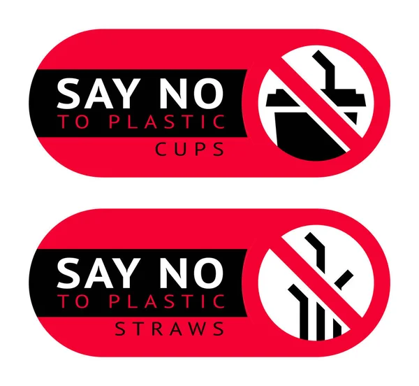 Dites Non Aux Gobelets Pailles Plastique Deux Étiquettes Écologiques Rouges — Image vectorielle