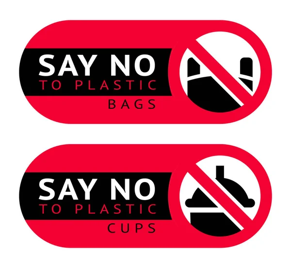 Dites Non Aux Sacs Plastique Tasses Deux Étiquettes Écologiques Rouges — Image vectorielle