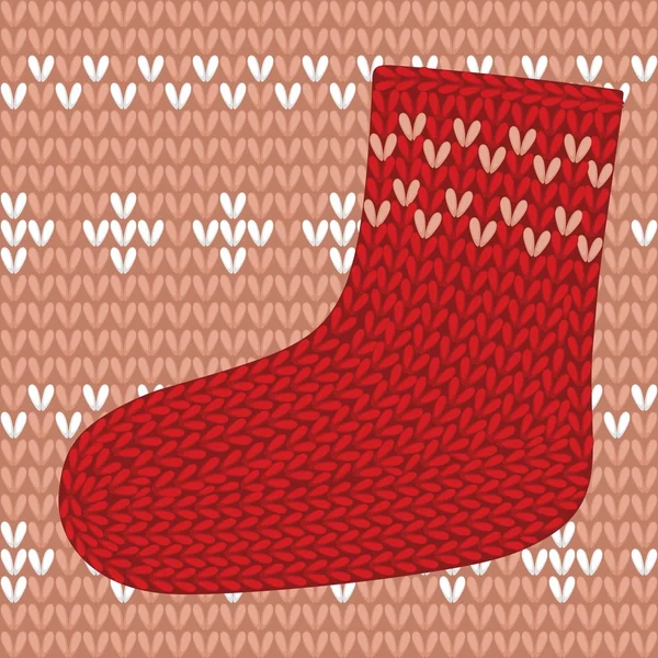 Red knitted sock on seamless pattern. — Stock Vector