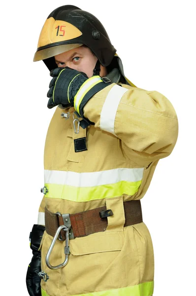 Firefighter protects face with his hand — Stock Photo, Image