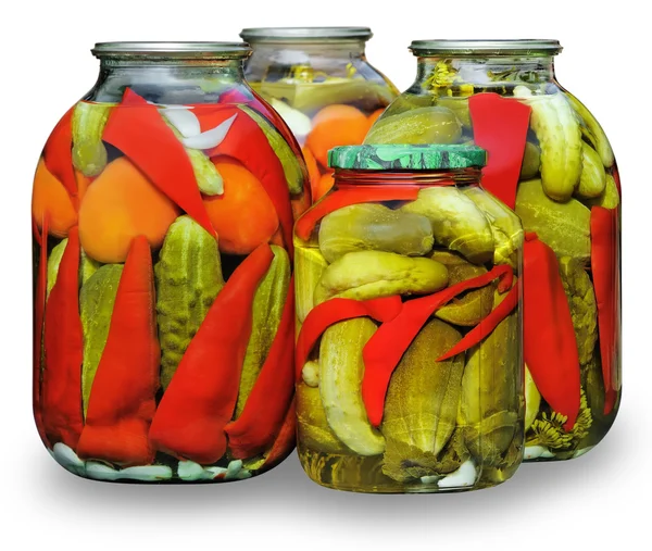 Verduras surtidas en frascos de vidrio — Foto de Stock