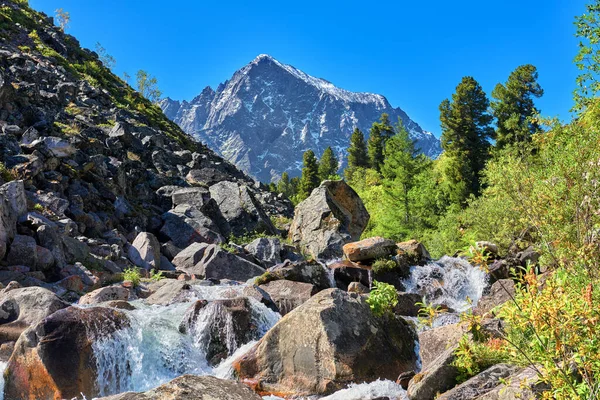 Paisaje Alpino Con Una Cascada Agua Arroyo Montaña Montañas Sayan —  Fotos de Stock