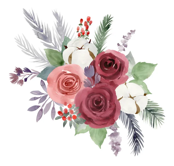 Aquarell Weihnachtsstrauß mit Blumen. — Stockfoto