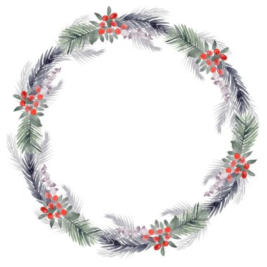 Köknar dallı suluboya Noel çelengi.