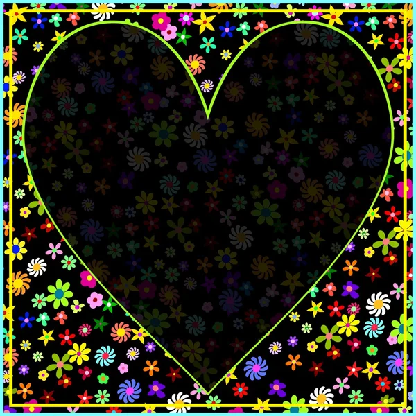 Cadre floral coloré avec coeur noir profond — Image vectorielle