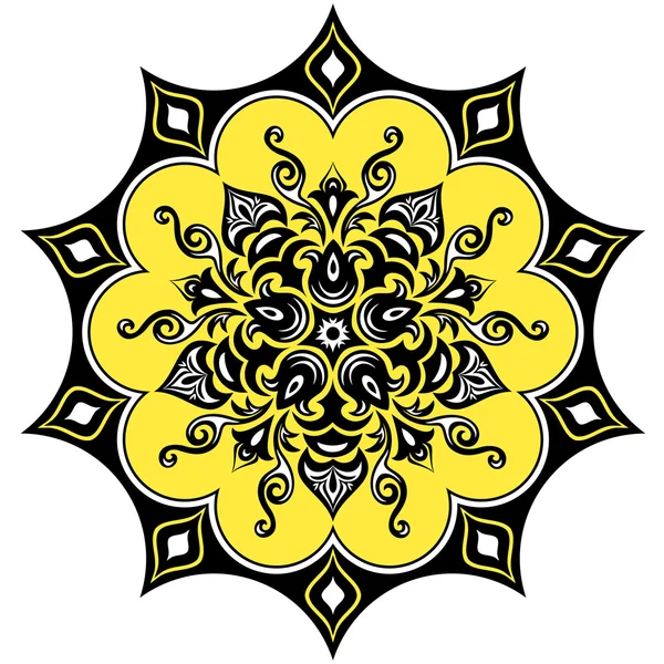 Modello floreale caleidoscopico. Mandala in bianco e nero giallo — Vettoriale Stock