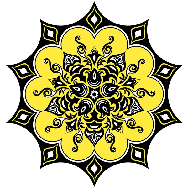 Padrão floral caleidoscópico. Mandala em preto e branco amarelo — Vetor de Stock