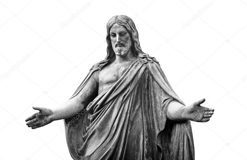 Jesus Christ the son of God statue isolated, front view black and white picture