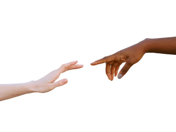 Black White Human Hands Reaching Each Other Isolated White Background — Foto Stock