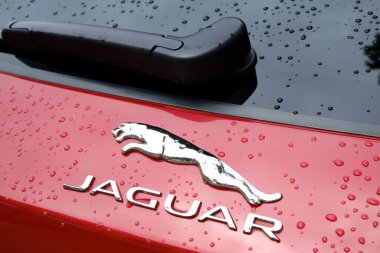 Nida, Lithuania - 24 July, 2022: Jaguar car emblem closeup. Jaguar is the luxury vehicle brand of Jaguar Land Rover, a British multinational car manufacturer