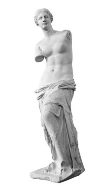 Venus de Milo ancient marble Greek sculpture isolated on white background, black and white fron view picture