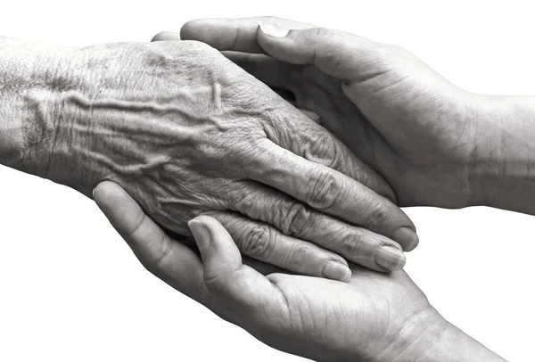 Young Hands Holding Old Woman Palm Isolated Closeup Black White — Foto Stock