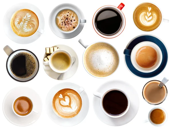 Coffee Cup Assortment Isolated Top View Coffee Menu Collection White — Stock Photo, Image