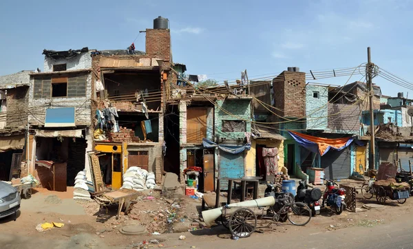 Oude delhi winkels & huizen panorama, india — Stockfoto