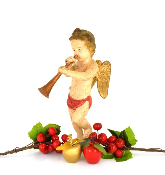 Рождественский Херувим - Античный Долл с аппликациями и ягодами на белом Б. — стоковое фото